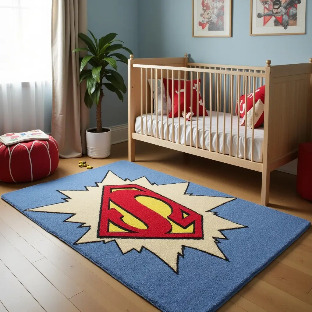a photo of a superhero-themed rug with comic-style graphics for a nursery