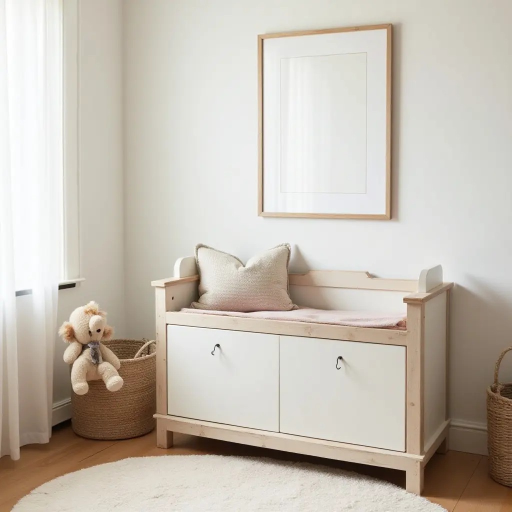a photo of a vintage-style children's room with a farmhouse toy chest