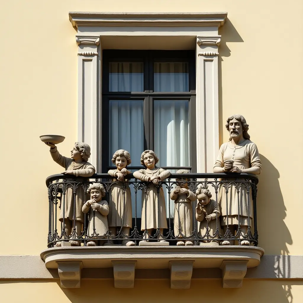 a photo of a balcony adorned with a collection of whimsical statues