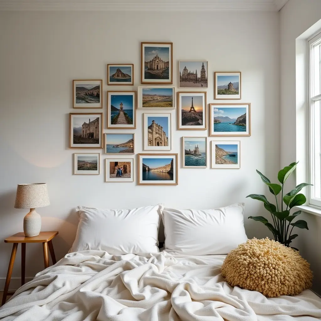 a photo of a photo collage wall with memories and travel pictures in a teen's room