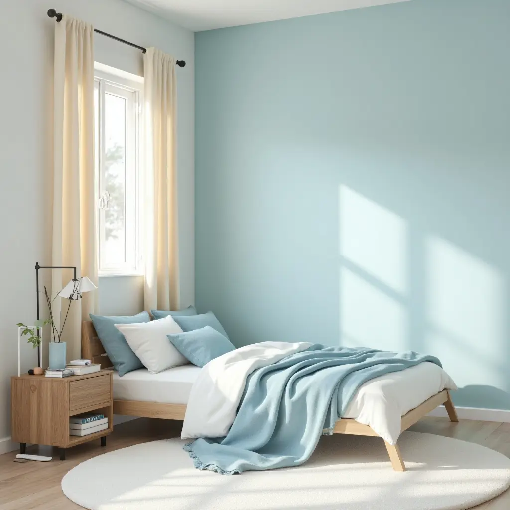 a photo of a calming blue and cream color palette for a teen's room