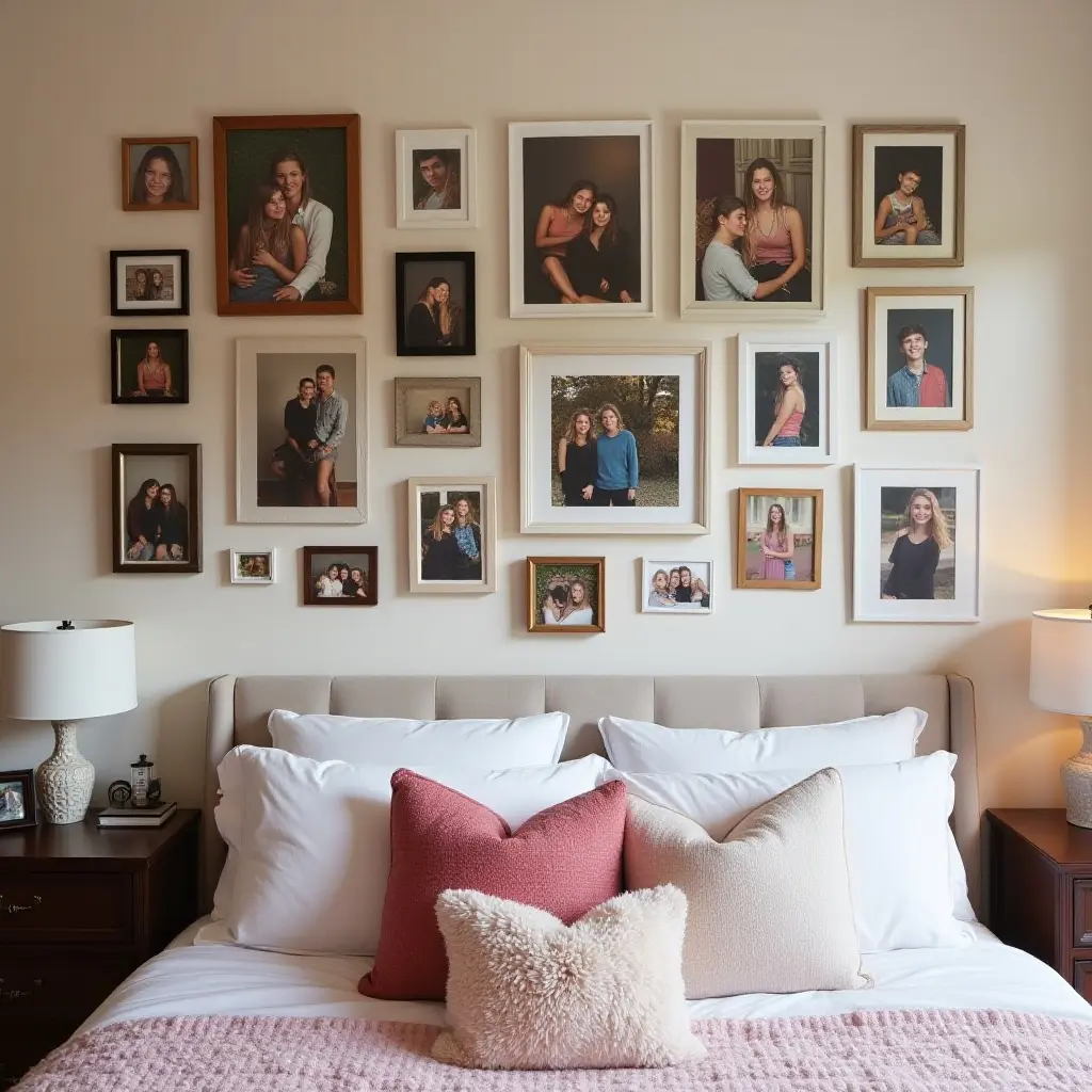 a photo of a friendship-themed gallery wall with photos and mementos from friends in a teen's cozy bedroom