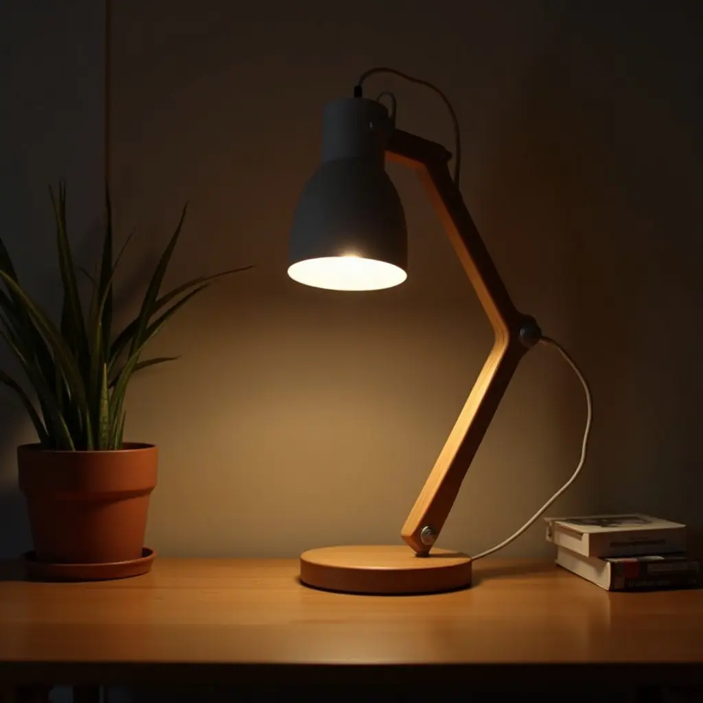 a photo of a wooden desk lamp in a basement workspace