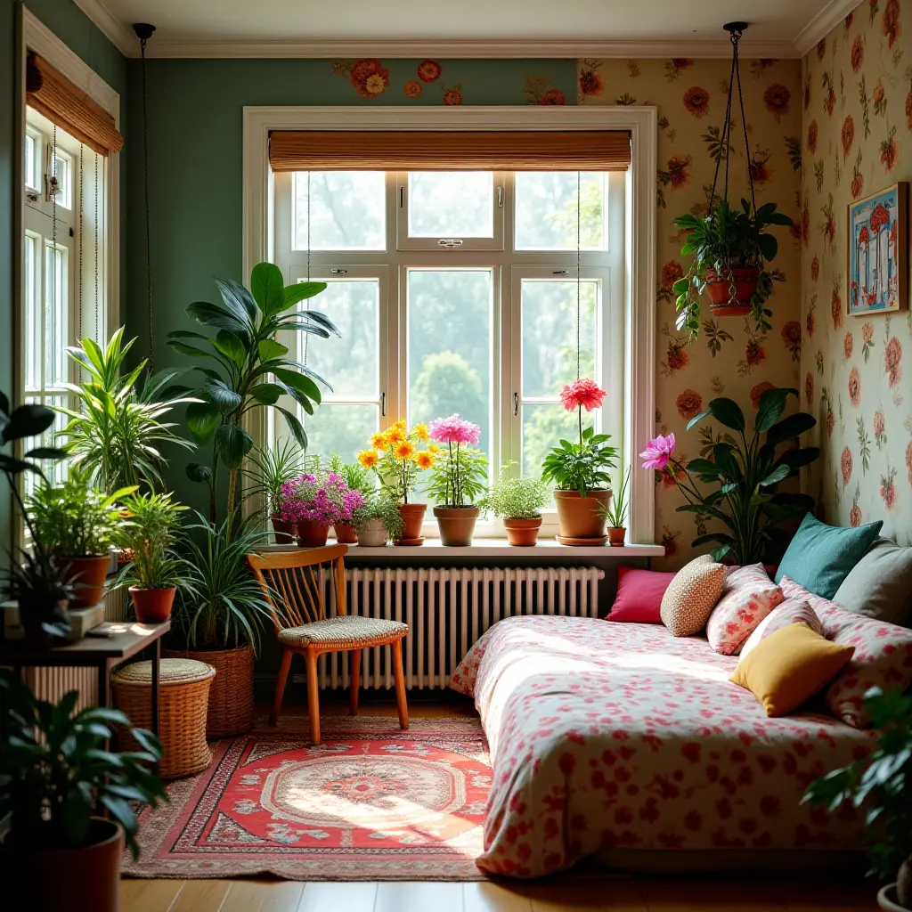 a photo of a vibrant bedroom filled with colorful flowering plants