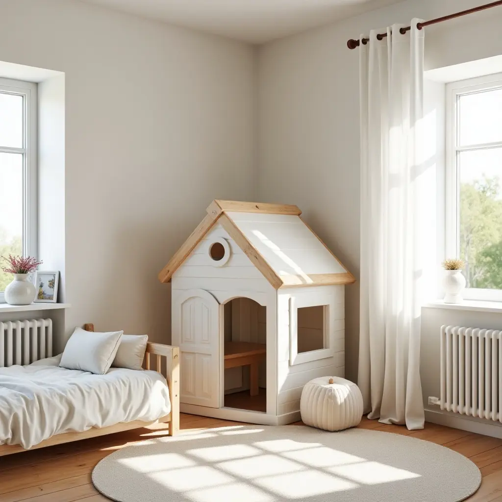 a photo of a bright kids' room featuring a wooden playhouse corner