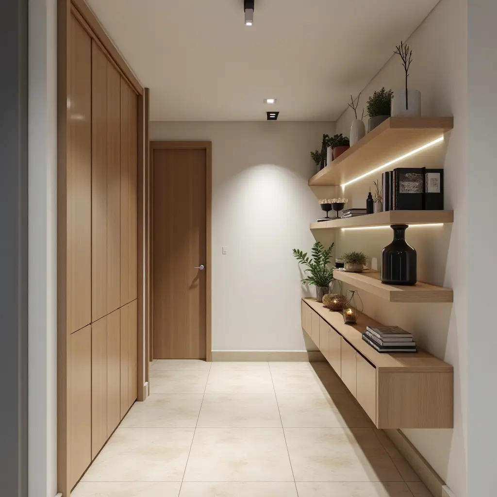 a photo of a contemporary corridor with floating shelves and decorative items