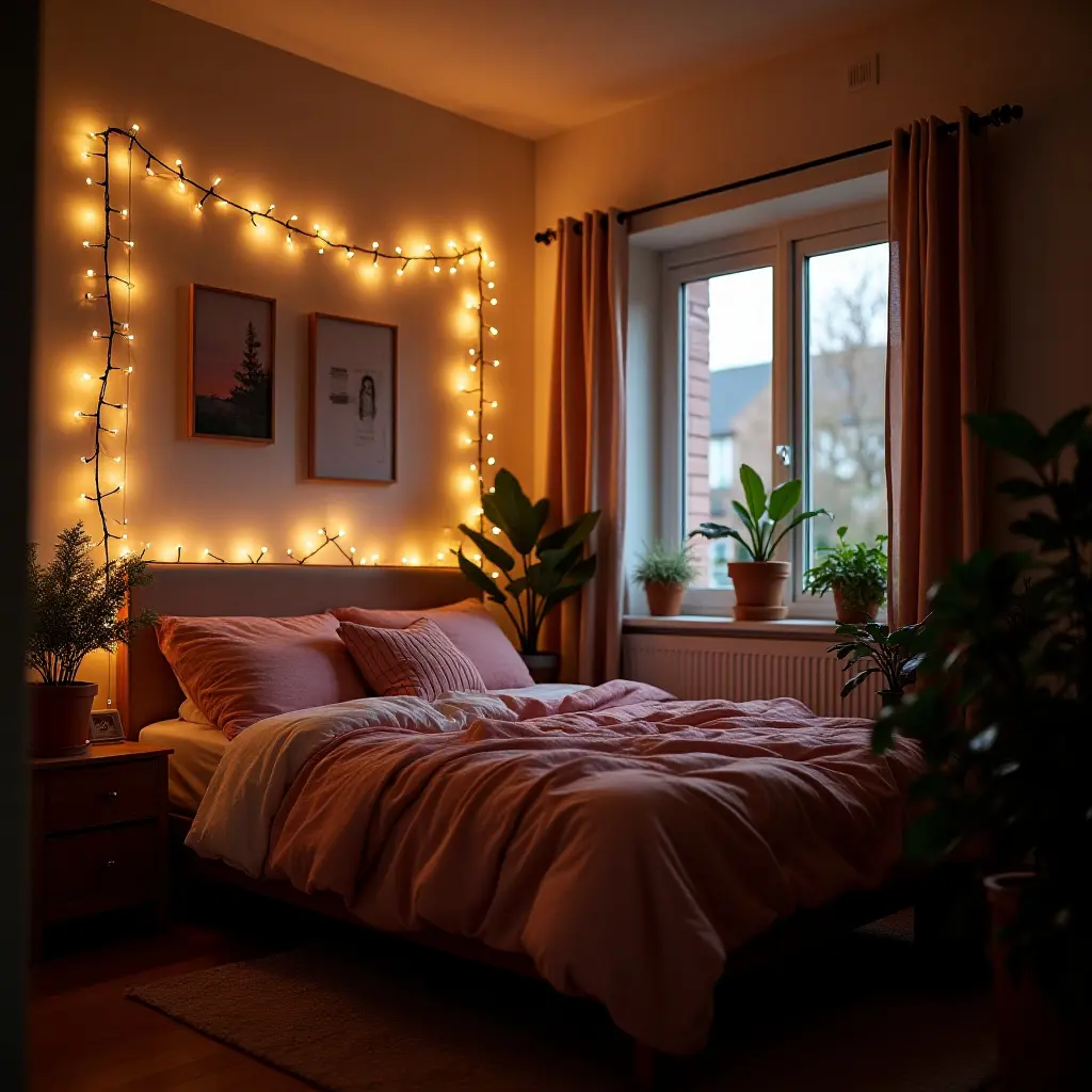 a photo of a teen's room with fairy lights around plants