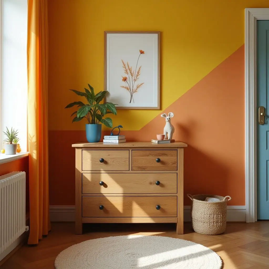 a photo of a rustic wooden dresser in a vibrant kids' bedroom
