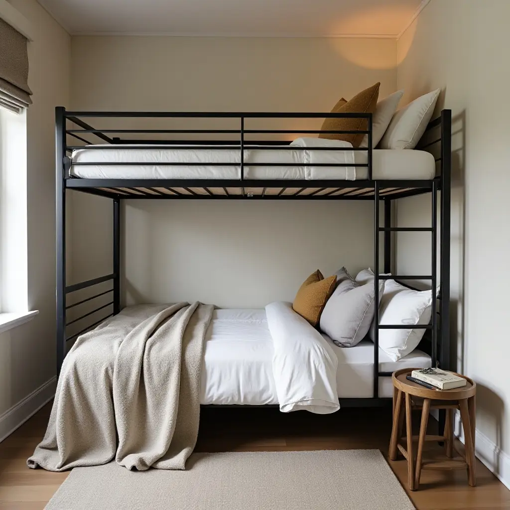 a photo of a loft bed with a metal frame and cozy bedding