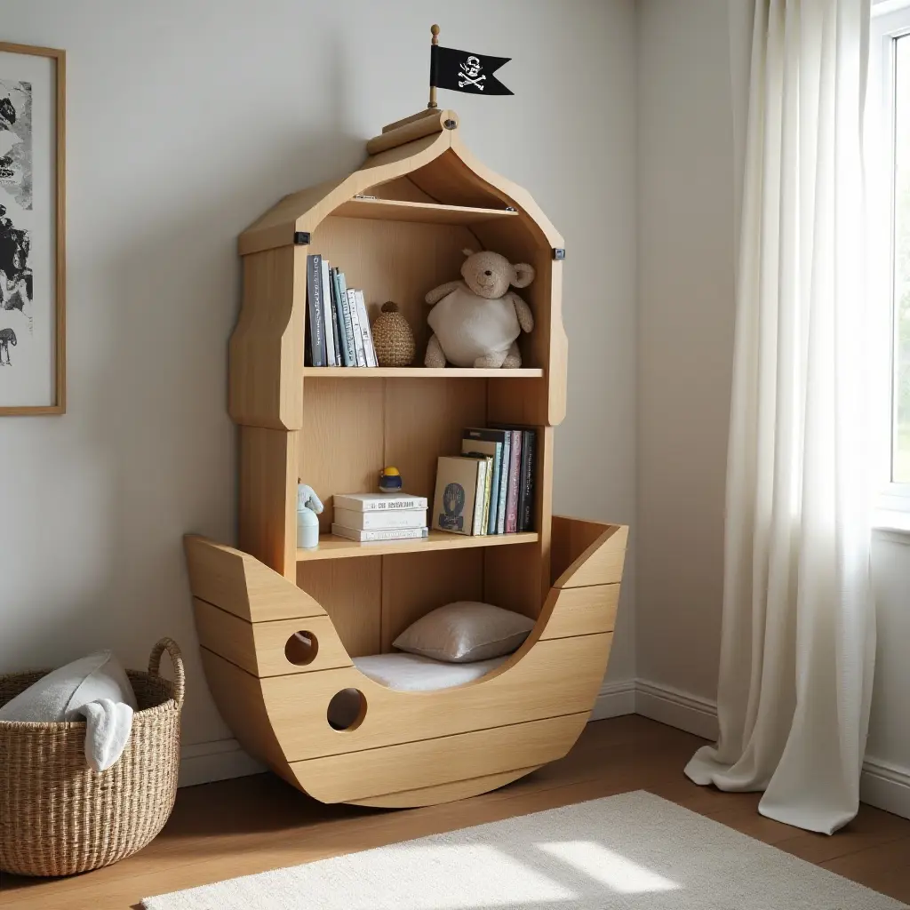a photo of a pirate ship-themed bookshelf in a child's bedroom