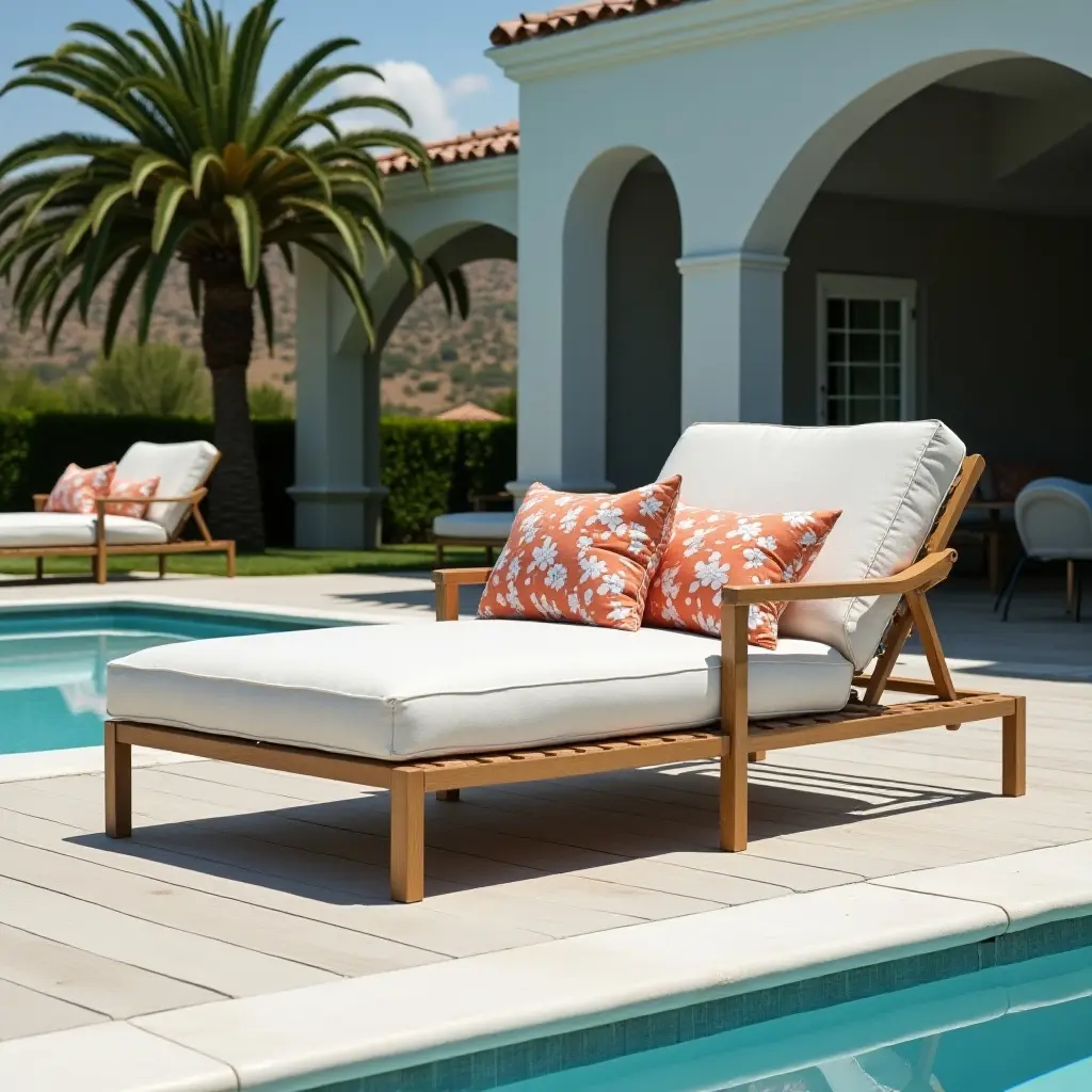 a photo of a luxurious poolside lounge chair with vibrant cushions