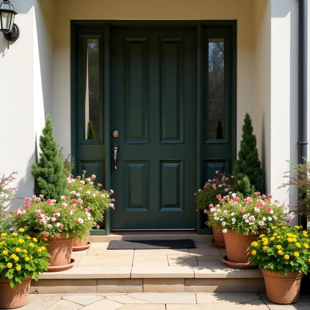 a photo of a charming entrance decorated with seasonal flowers in pots