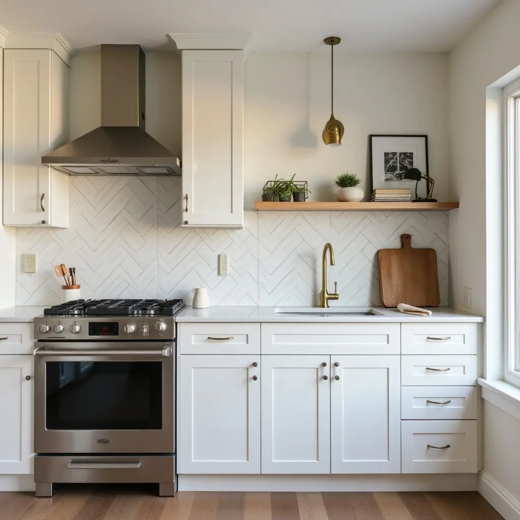 a photo of a kitchen with a statement backsplash and gold fixtures
