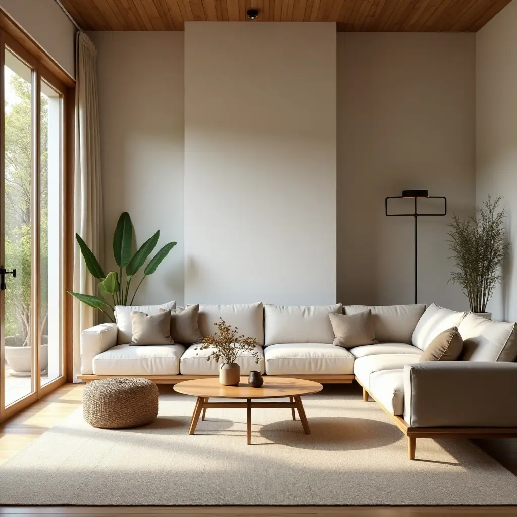 a photo of a peaceful living room with a focus on natural materials