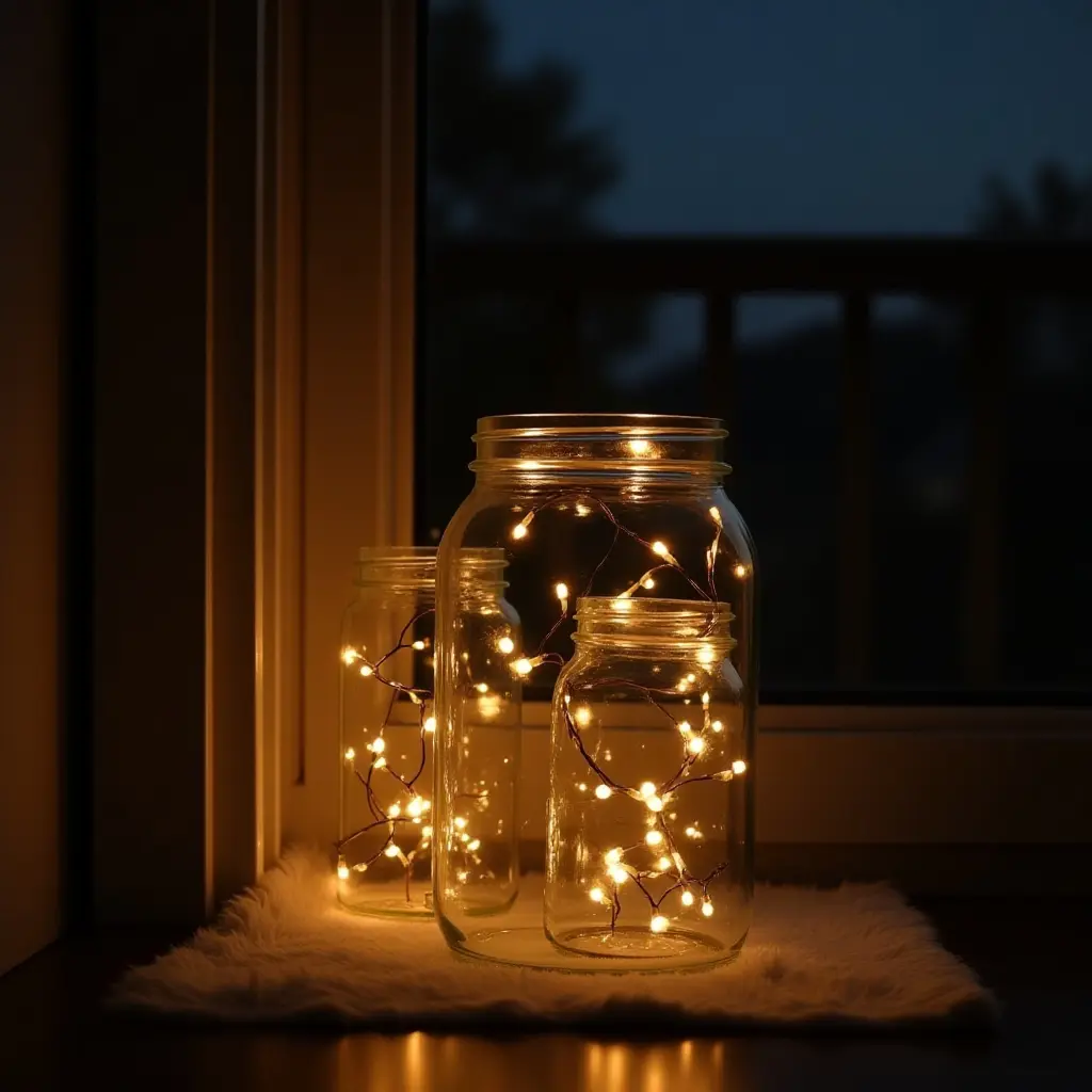 a photo of a cozy balcony with DIY fairy lights in mason jars