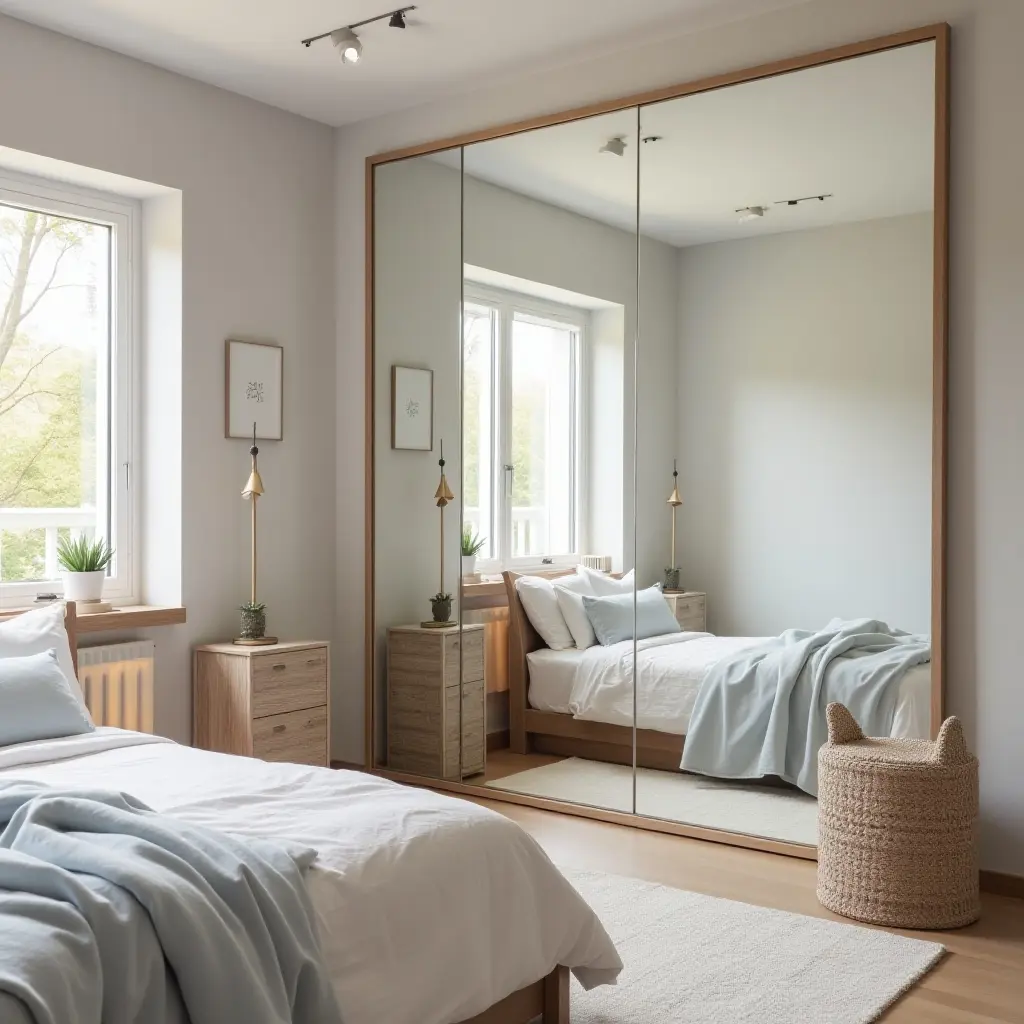 a photo of a teen's bedroom with a floor-to-ceiling mirror