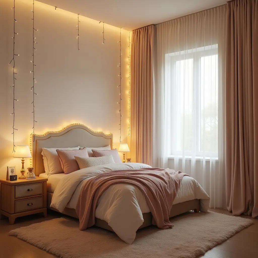 a photo of a glamorous kids' bedroom with fairy lights and soft textiles