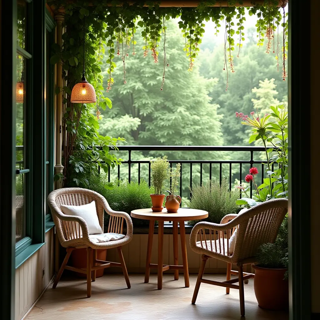 a photo of a cozy balcony nook with a small table surrounded by lush greenery
