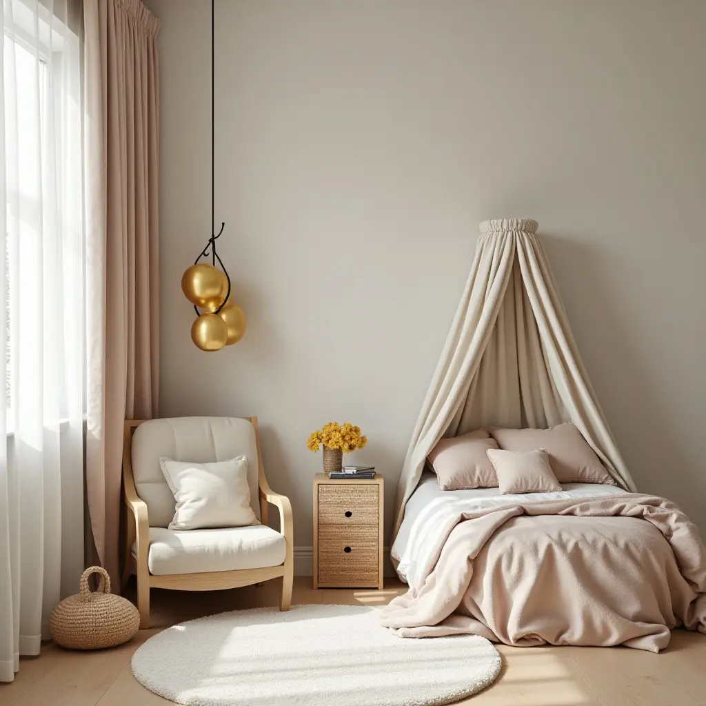 a photo of an elegant kids' room decorated with gold metallic toys