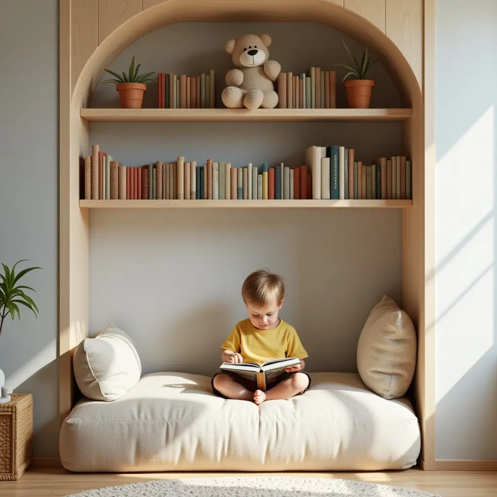 a photo of a cozy reading nook with wooden bookshelves in a child's room