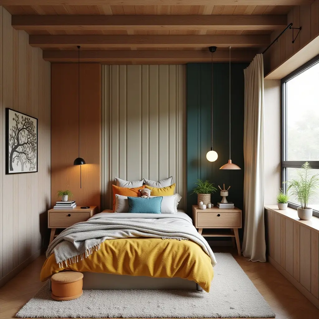a photo of a stylish kids' bedroom combining colorful fabric, rustic wood, and sleek metal elements