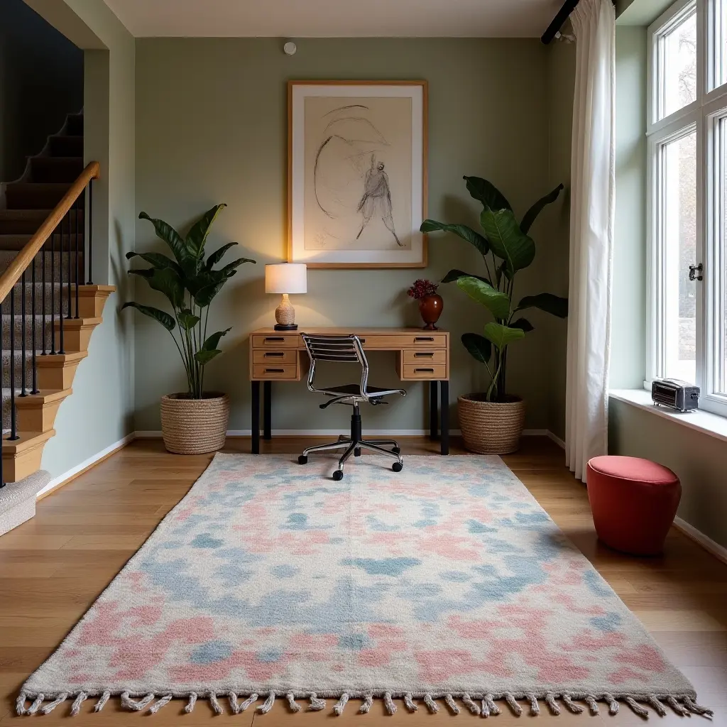 a photo of a contemporary, artistic rug in a stylish basement workspace