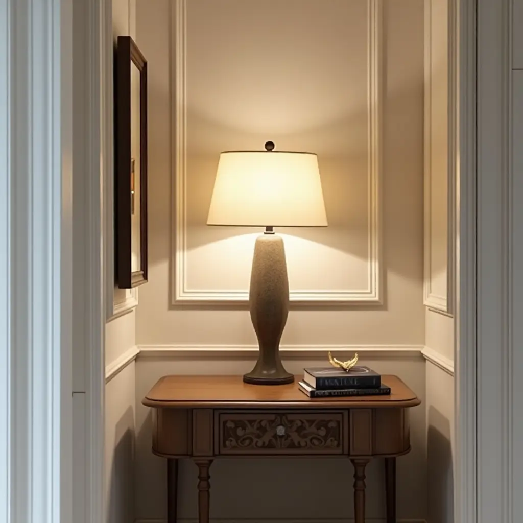 a photo of a stylish table lamp on a console table in an entrance hall