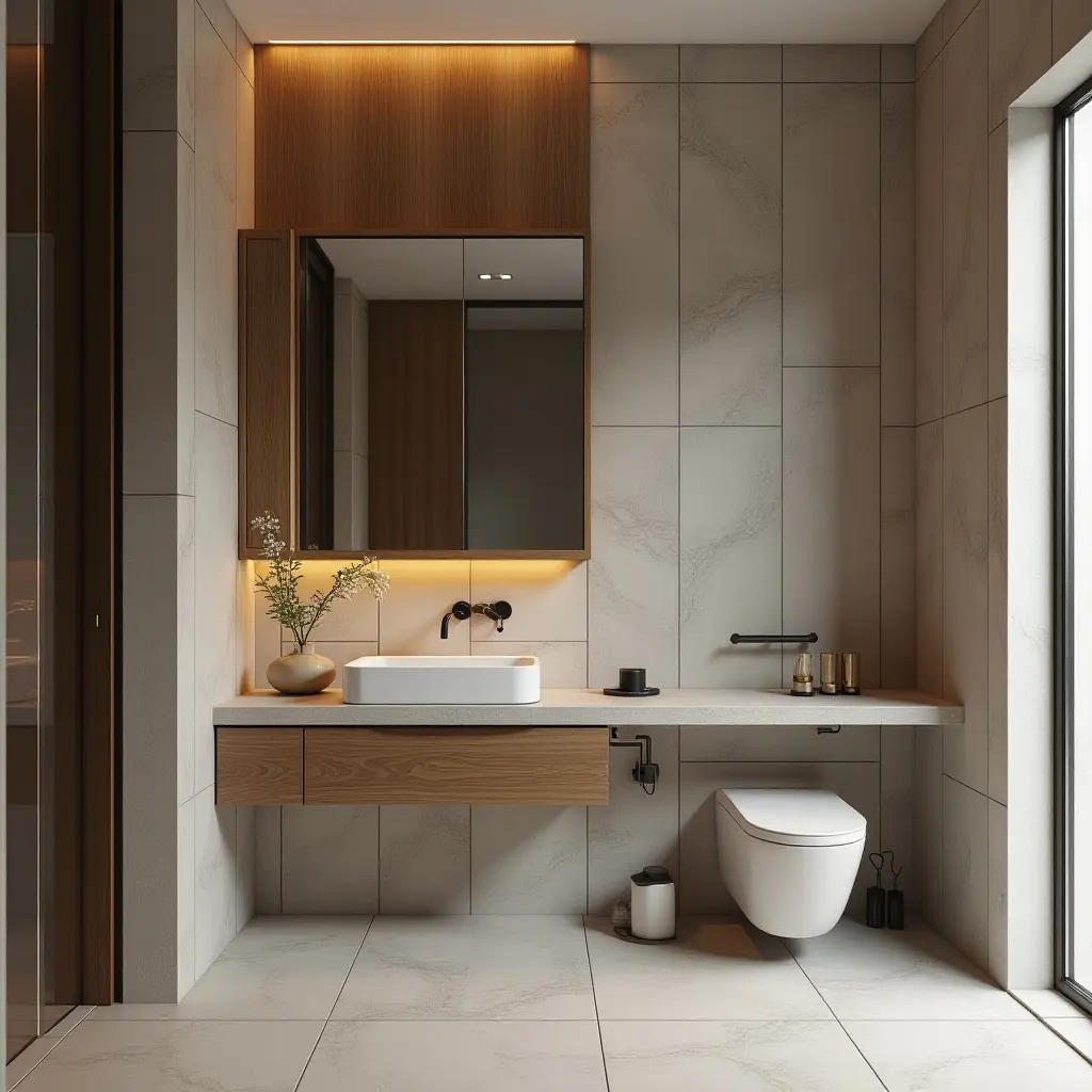 a photo of a bathroom with tile, wood, and metal textures combined harmoniously
