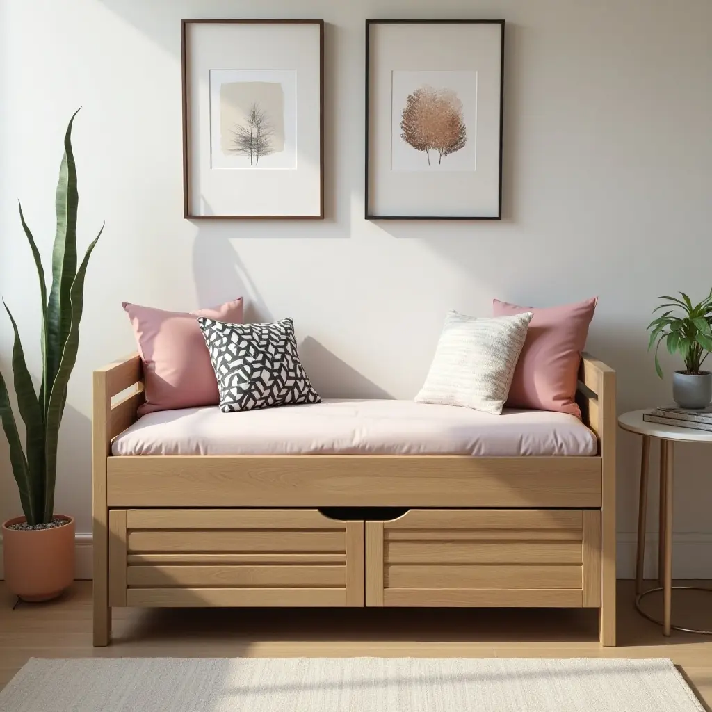 a photo of a wooden storage bench in a stylish teen's room