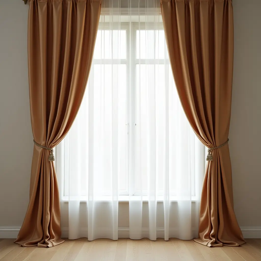 a photo of silk curtains elegantly draping a bedroom window