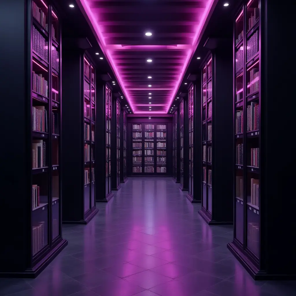 a photo of a dramatic deep purple and silver library with moody lighting
