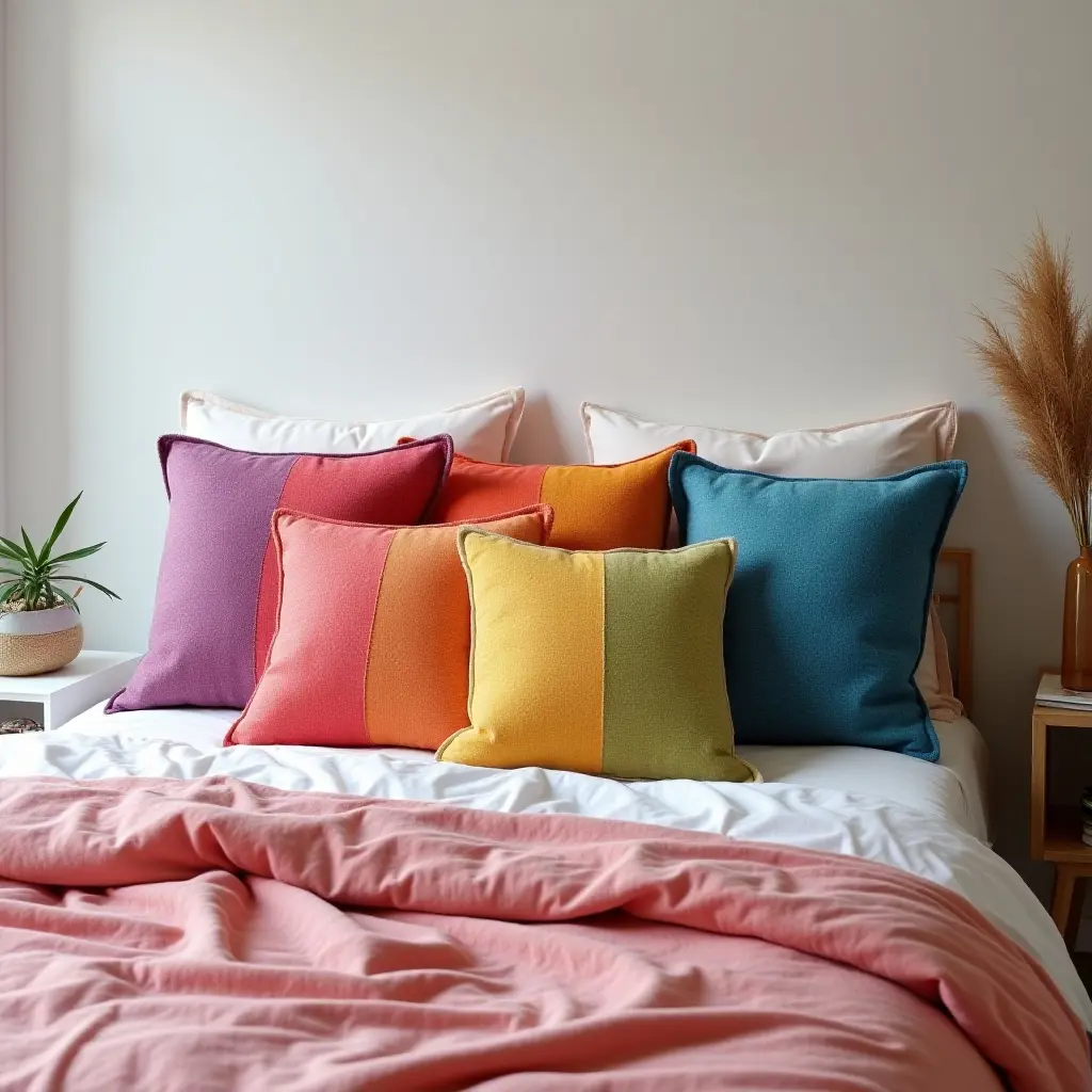 a photo of throw pillows in a rainbow color scheme on a bed