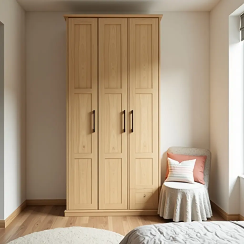 a photo of a wooden wardrobe with stylish handles in a teen's bedroom