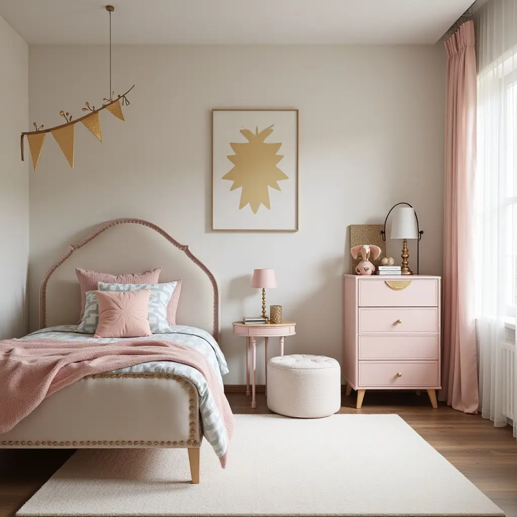 a photo of a whimsical kids' bedroom decorated with metallic accents