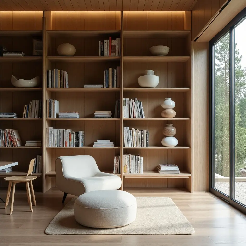 a photo of a Scandinavian-style library with a focus on natural materials