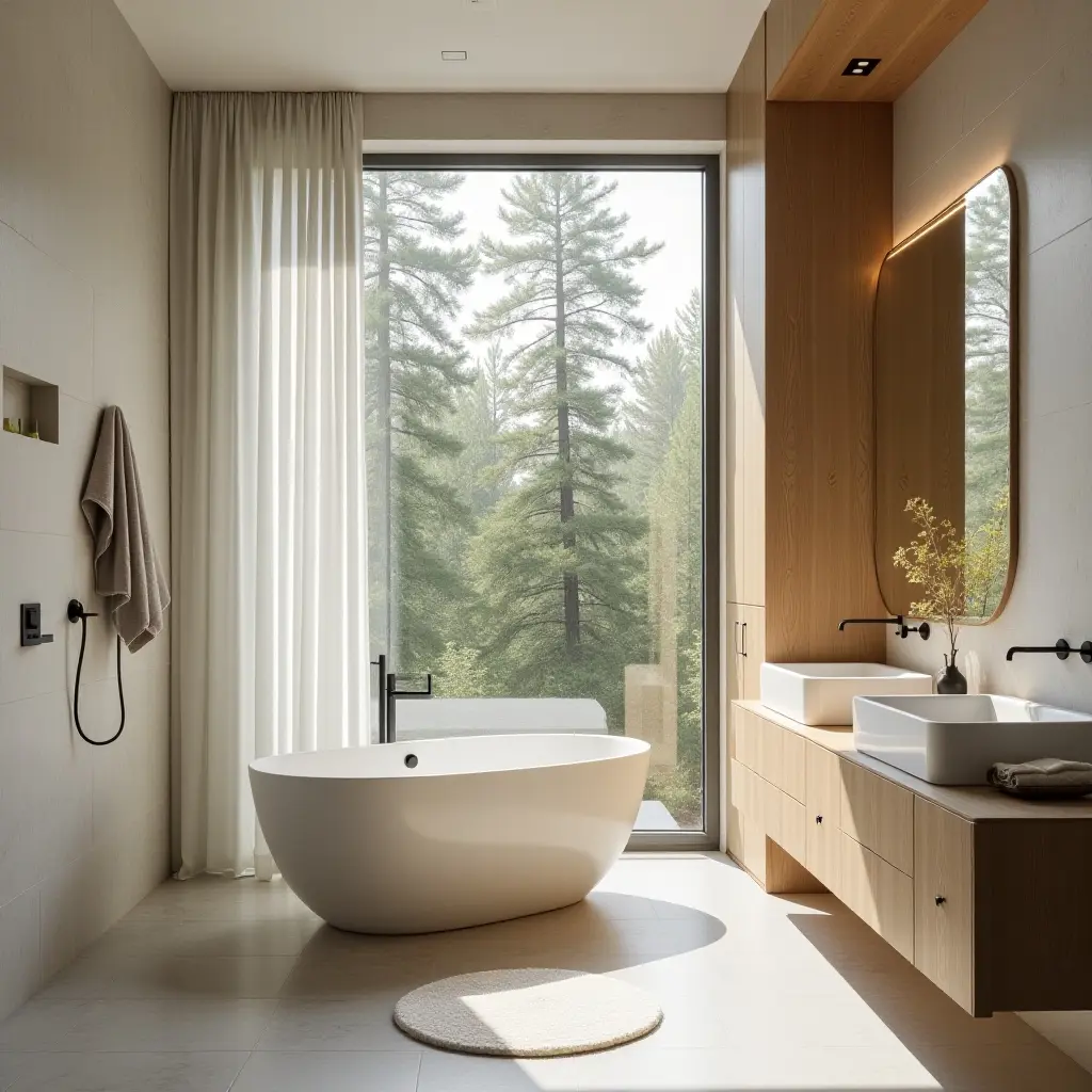 a photo of a zen-like Scandinavian bathroom with a focus on simplicity and nature