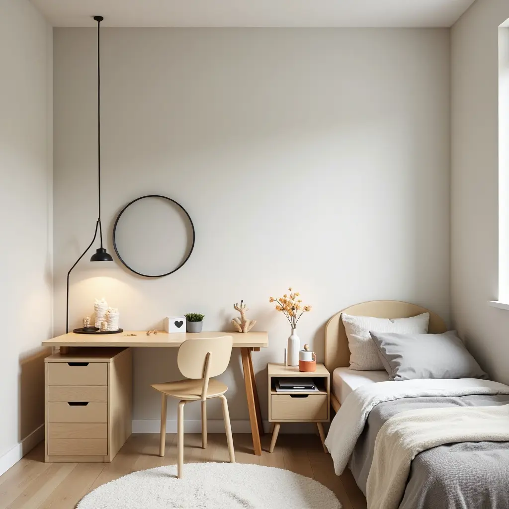 a photo of a modern kids' bedroom with a minimalist desk and creative play area