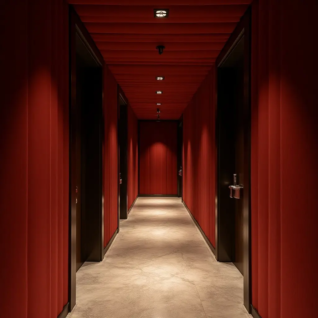 a photo of a luxurious corridor showcasing rich fabric, dark wood, and bright metal