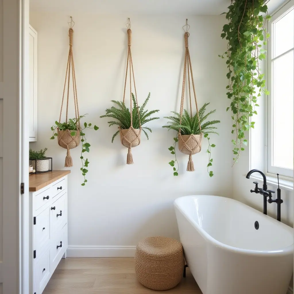 a photo of a bohemian bathroom with macramé plant hangers