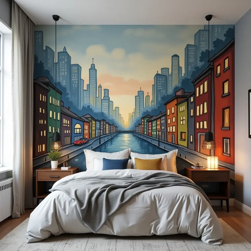 a photo of a teen's bedroom with a creative, artistic mural of a cityscape