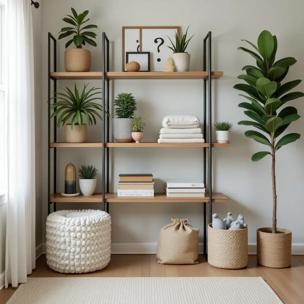 a photo of organized bedroom shelves featuring plants and trendy storage bins