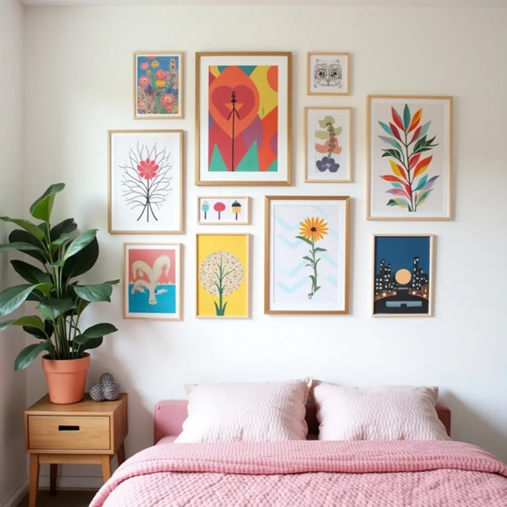 a photo of a colorful gallery wall with art from local artists in a trendy teen's space