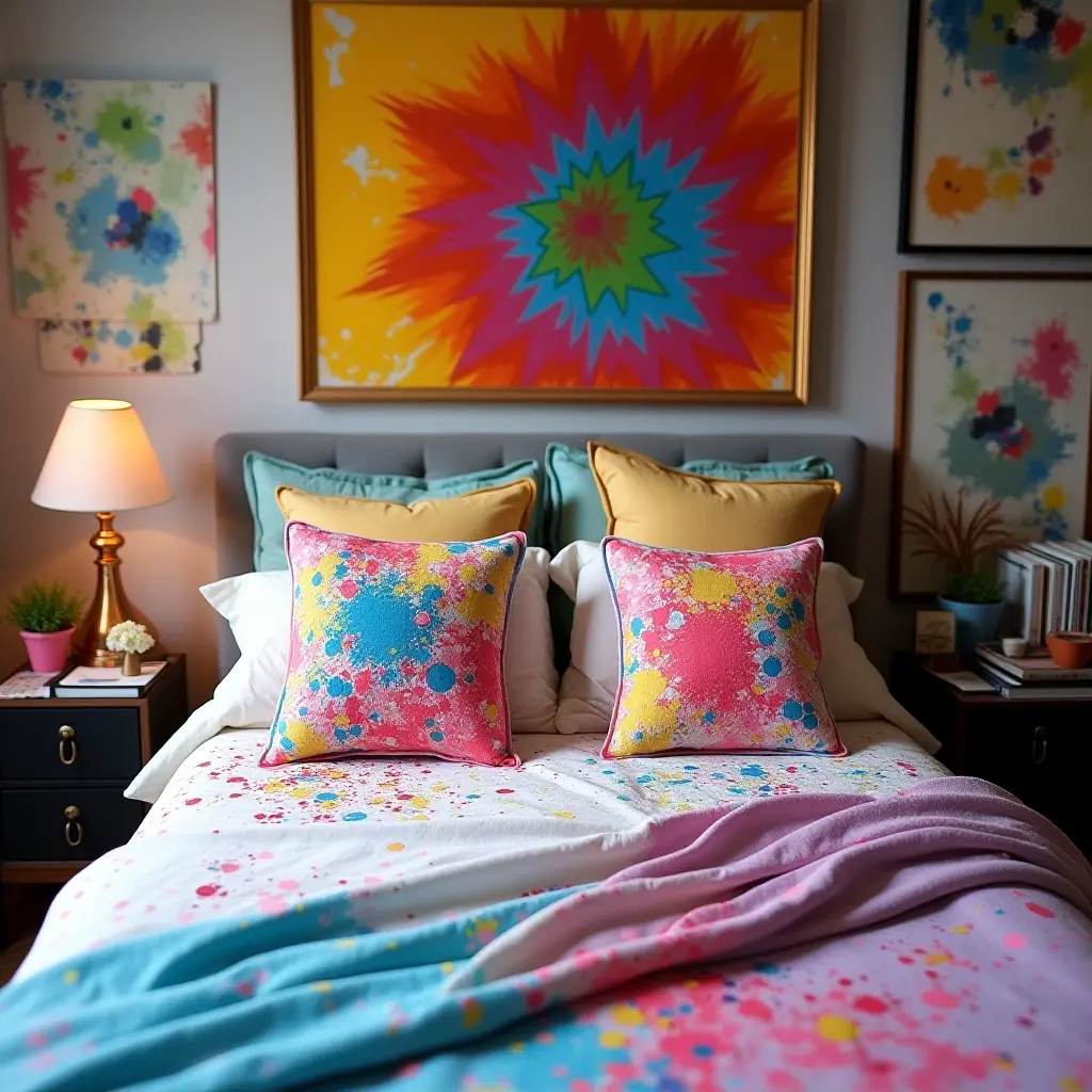 a photo of a vibrant artist's bedroom with paint-splattered throw pillows