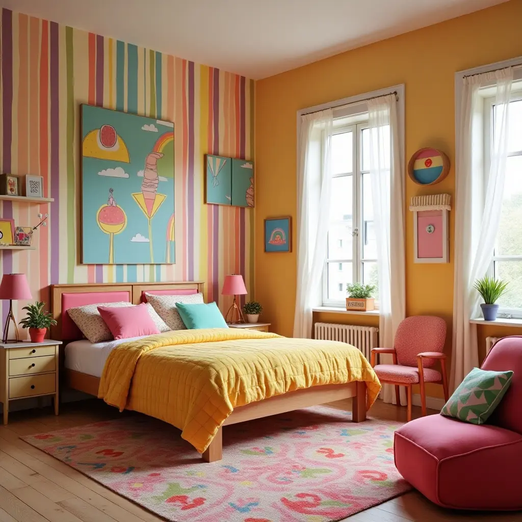 a photo of a whimsical bedroom with playful decor and bright colors