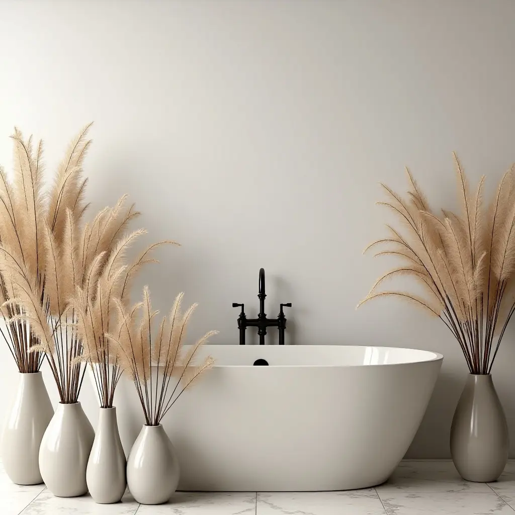 a photo of a bathroom filled with dried flowers in vases