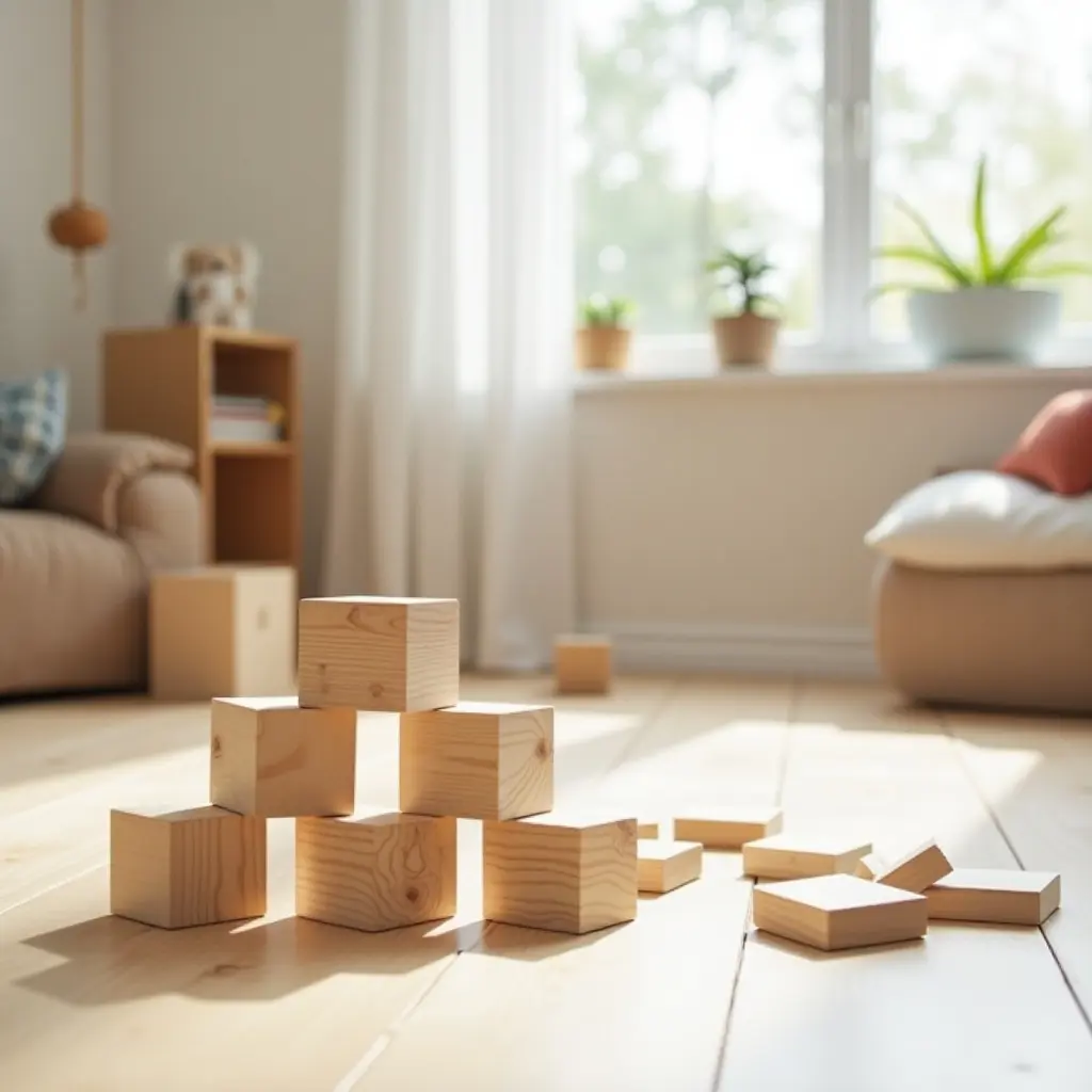 a photo of a playful kids' room with wooden building blocks on the floor