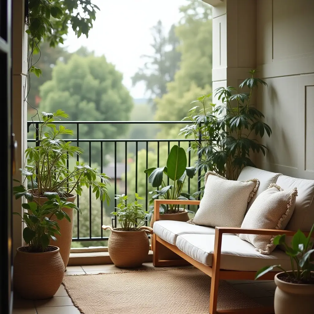 a photo of a balcony with eco-friendly throw pillows