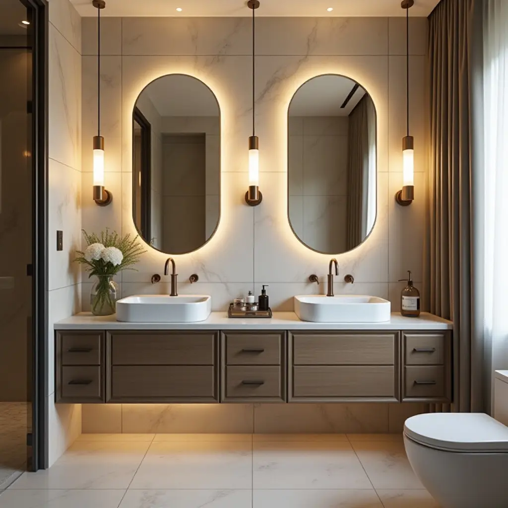 a photo of a bathroom featuring statement lighting and artistic mirrors
