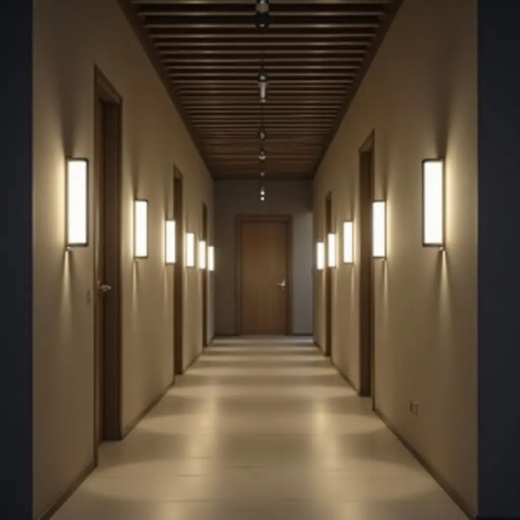 a photo of a corridor featuring motion-sensor lights