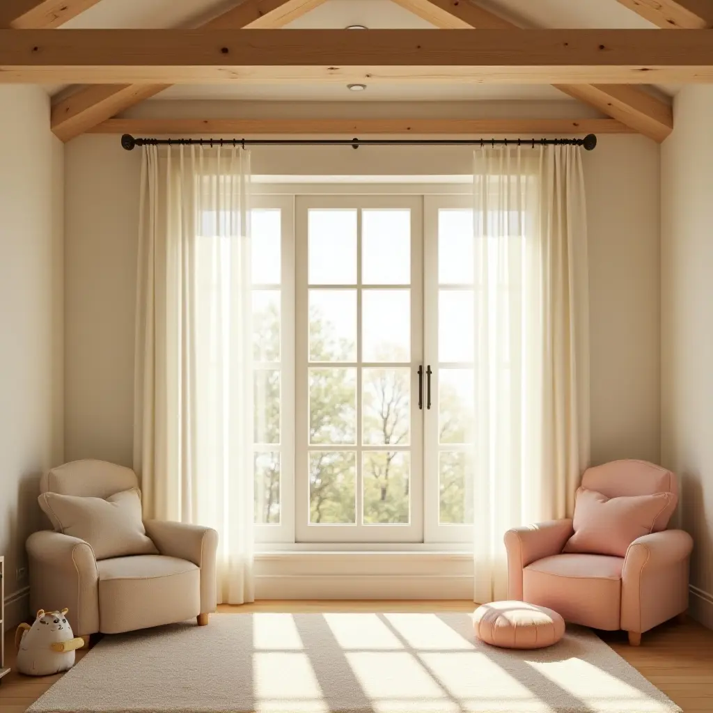 a photo of a sunny kids' room with wooden beams and soft curtains